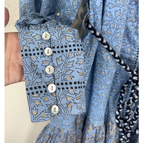 Oliphant Boho Romantic Fit & Flare XS Blue Floral Gold Print Belted Dress - Picture 5 of 9